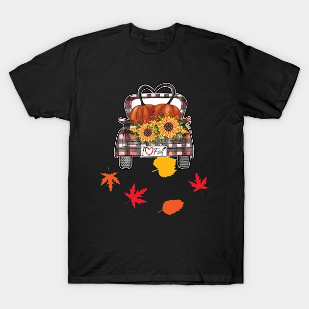 I Love Fall Cute Truck with Pumpkin and Flowers T-Shirt by Beautiful Butterflies by Anastasia